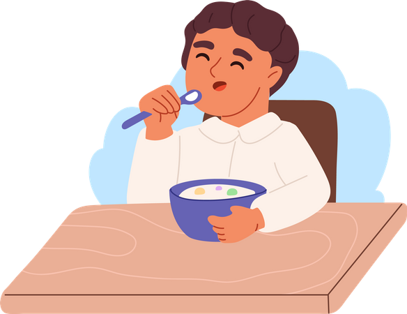 Kid boy eating porridge on breakfast  イラスト