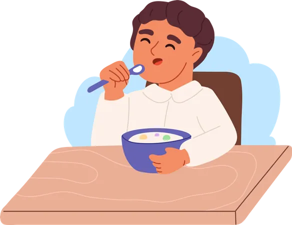 Kid Boy Eating Porridge On Breakfast Small Child Enjoy Muesli With Milk Meal Before School Morning Routine For Children Concept Cartoon Flat Vector Illustration Illustration