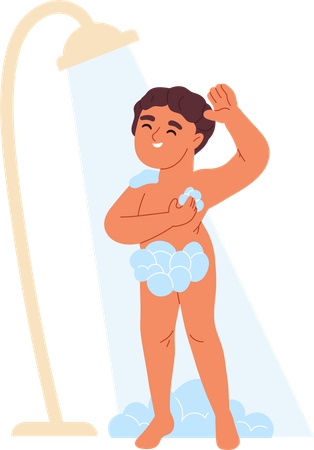 Kid boy taking shower with soap and foam  Illustration