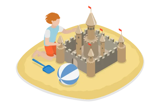 3 D Isometric Flat Vector Conceptual Illustration Of Kid Building A Sand Castle Summer Vacation Entertainment Illustration