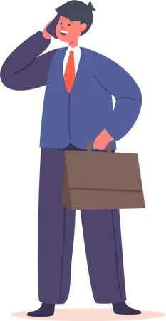 Kid Businessman with Briefcase Speaking by Mobile  Illustration