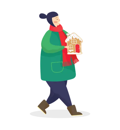 Small Child Walking With Gingerbread Cookie Christmas Celebration And Greeting Kid Wearing Winter Warm Clothes Holding Traditional Sweets Isolated Character With Scarf And Jacket Vector In Flat Illustration