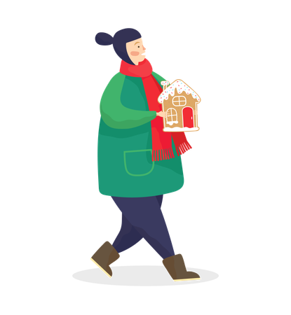 Kid Carrying Gingerbread Cookie in Form of House  Illustration