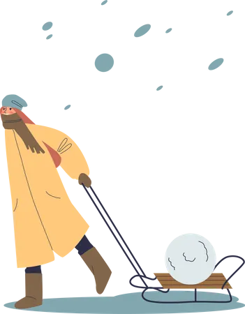 Kid carrying snow cart Illustration