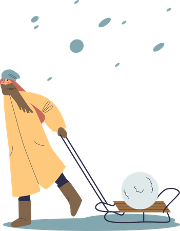 Kid carrying snow cart  Illustration