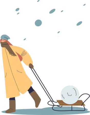 Kid carrying snow cart  Illustration