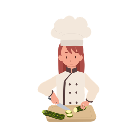 Kid Chef Chopping Cucumber  Illustration