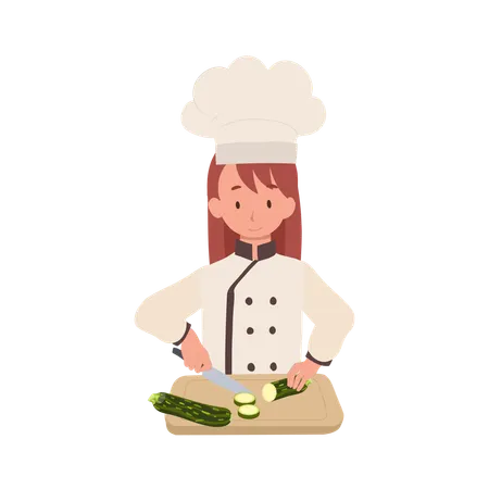 Kid Chef Chopping Cucumber  Illustration