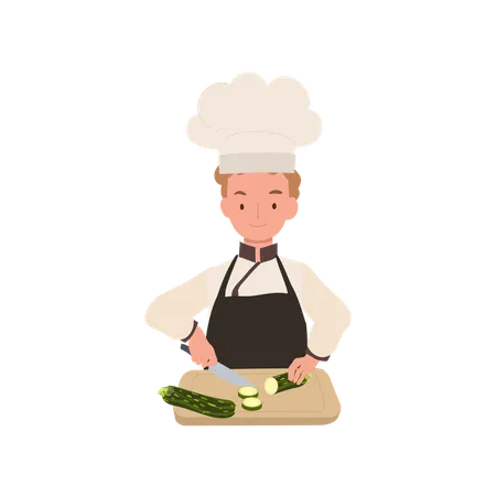 Kid Chef Chopping Cucumber  Illustration