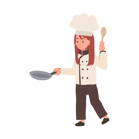 Kid Chef Cooking with Frying Pan  일러스트레이션