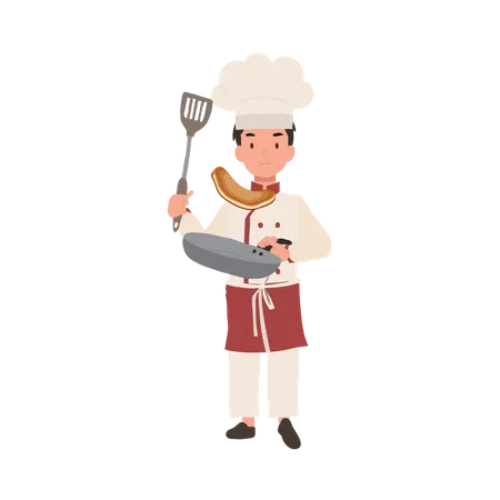 Kid chef cooking with frying pan  イラスト