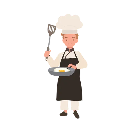 Kid Chef Cooking with Frying Pan  Illustration