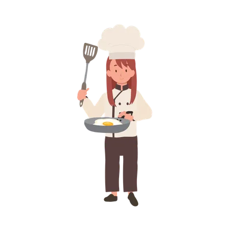 Kid Chef Cooking with Frying Pan  Illustration