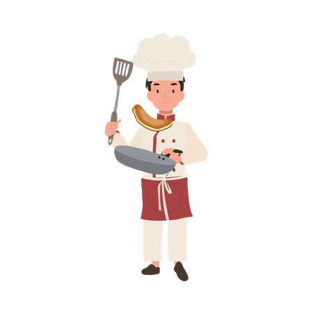 Kid chef cooking with frying pan  Illustration