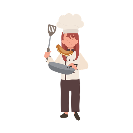 Kid Chef Cooking with Frying Pan  Illustration