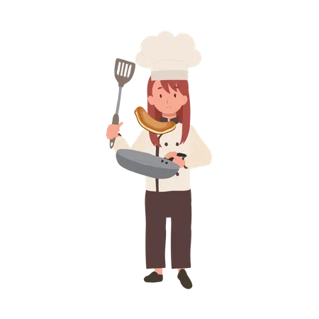 Kid Chef Cooking with Frying Pan  Illustration