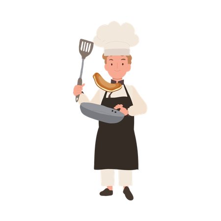 Kid Chef Cooking with Frying Pan  Illustration