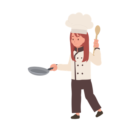 Chef enfant cuisinant avec une poêle à frire  Illustration