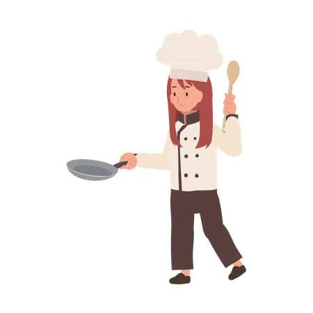 Chef enfant cuisinant avec une poêle à frire  Illustration