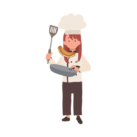 Chef enfant cuisinant avec une poêle à frire  Illustration