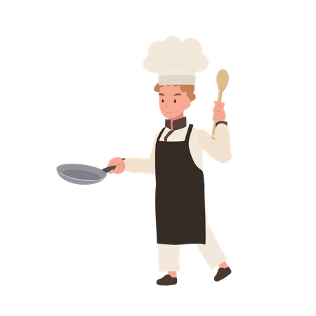 Chef enfant cuisinant avec une poêle à frire  Illustration