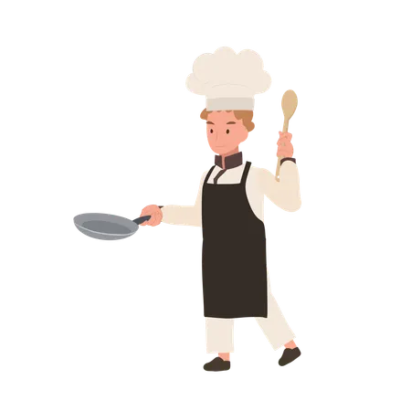 Chef enfant cuisinant avec une poêle à frire  Illustration