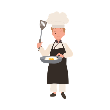 Chef enfant cuisinant avec une poêle à frire  Illustration