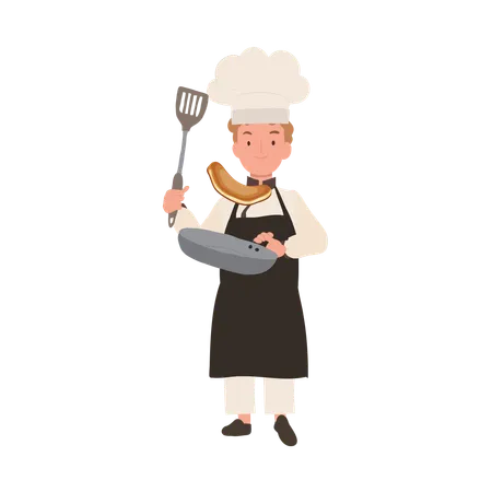 Chef enfant cuisinant avec une poêle à frire  Illustration