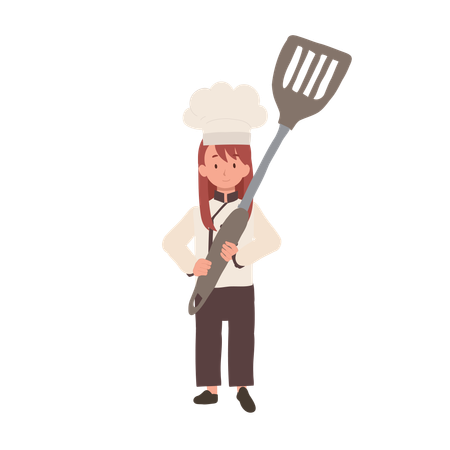 Kid Chef Holding Huge Flipper  Illustration