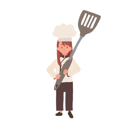 Kid Chef Holding Huge Flipper  Illustration