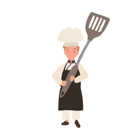 Kid Chef Holding Huge Flipper  Illustration