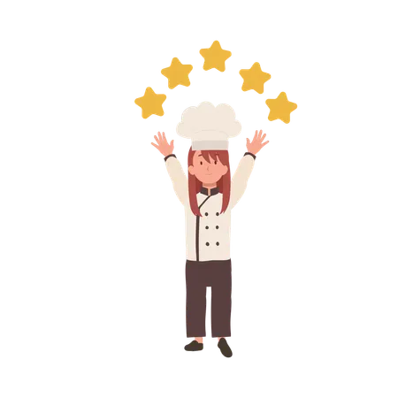 Kid Chef With 5 Stars Young Gourmet Chef Celebrating 5 Star Review Illustration