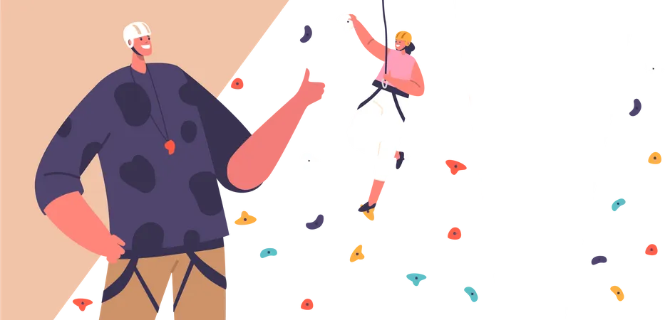 Kid Climber Climbing Rock Wall Fearless Girl Alpinist Character Bouldering Hanging On Rope Indoor In Gym Playground With Guidance Of Trainer Extreme Challenge Cartoon People Vector Illustration Illustration