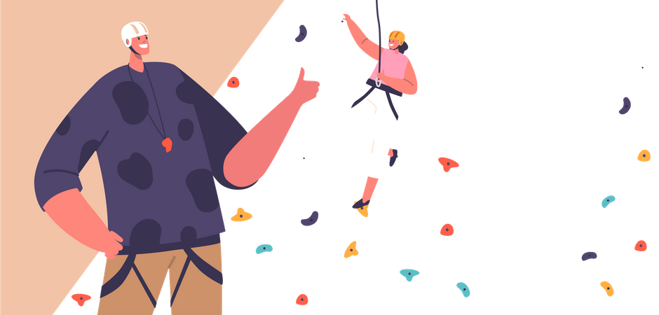 Kid Climber Climbing Rock Wall. Fearless Girl Alpinist Character Bouldering  Illustration