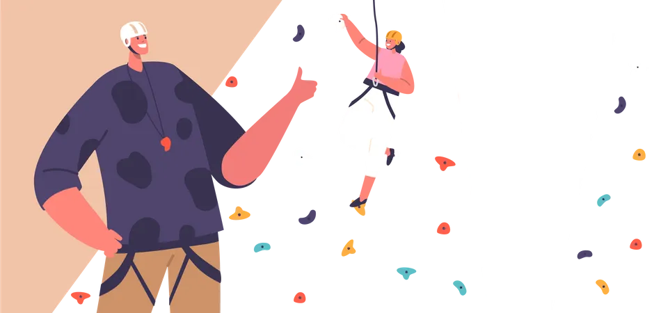 Kid Climber Climbing Rock Wall. Fearless Girl Alpinist Character Bouldering  Illustration