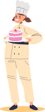 Kid Confectioner Small Girl Child In Cook Uniform And Hat Holding Cake Work As Confectionary Baker Children And Different Professional Occupation Concept Cartoon Flat Vector Illustration Illustration
