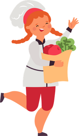Kid cook holding vegetable bag  일러스트레이션
