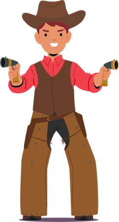 Kid Cowboy Adorned In A Rustic Ensemble Donning A Wide Brimmed Hat Leather Jacket And Boots Twin Toy Guns At The Ready Complete The Rugged Pint Sized Frontier Look Cartoon Vector Illustration Illustration