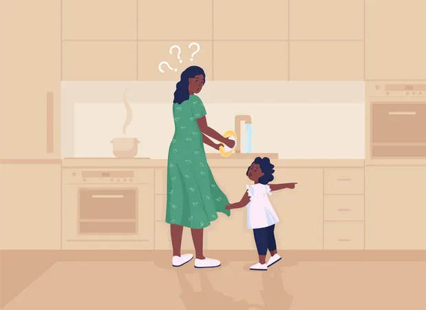 Kid Distracts Mother Flat Color Vector Illustration Mom Busy Doing Housework Toddler Demands Attention From Parent Family 2 D Cartoon Characters With Kitchen Interior On Background Illustration