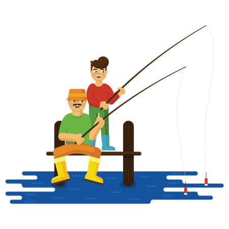 Kid doing fishing with father  Illustration