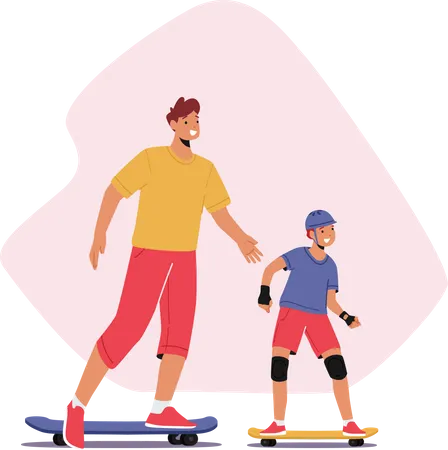 Happy Family Characters Riding Skateboard At City Park Young Father And Little Son Skateboarding Hobby Sport Activity Healthy Lifestyle Weekend Recreation Cartoon People Vector Illustration Illustration