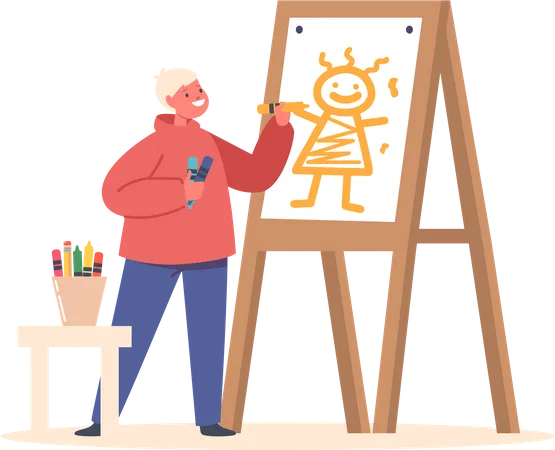 Child Talents Development Kid Painting On Easel Little Boy Character Drawing In Artist Studio Or Art School Workshop Create Pictures With Felt Tip Pen On Canvas Cartoon People Vector Illustration Illustration