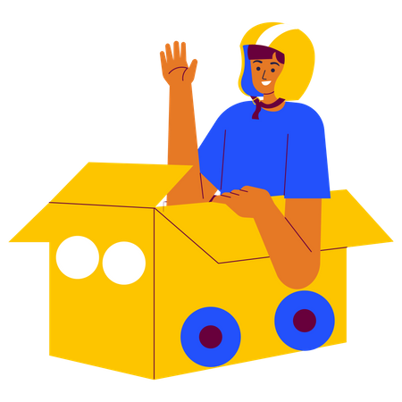 Kid driving  toy car made of cardboard box  Illustration