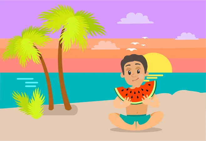 Boy Eating Watermelon On Beach Teenager With Full Cheeks Holding Slice Of Summer Fruit Sitting Teenager In Blue Shorts Vector Cartoon Character At Sunset Illustration