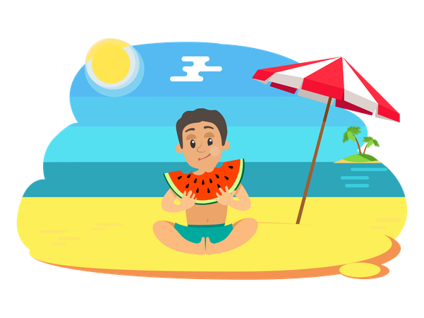 Kid eating watermelon on beach  Illustration