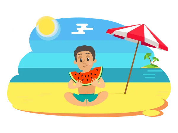Boy Eating Watermelon On Beach Teenager With Full Cheeks Holding Slice Of Summer Fruit Sitting Teenager In Blue Shorts Parasol And Islands Vector Illustration