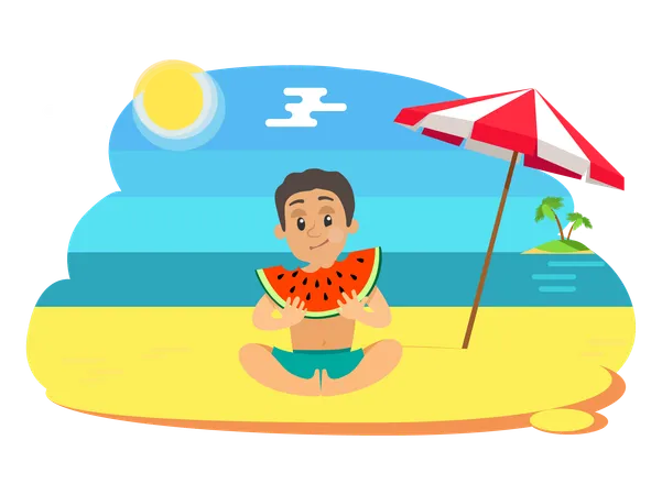 Kid eating watermelon on beach  Illustration