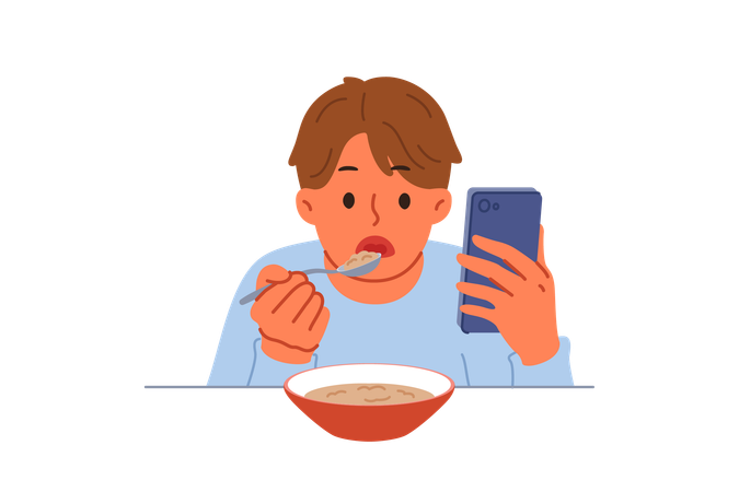 Kid eats lunch while watching mobile  Illustration
