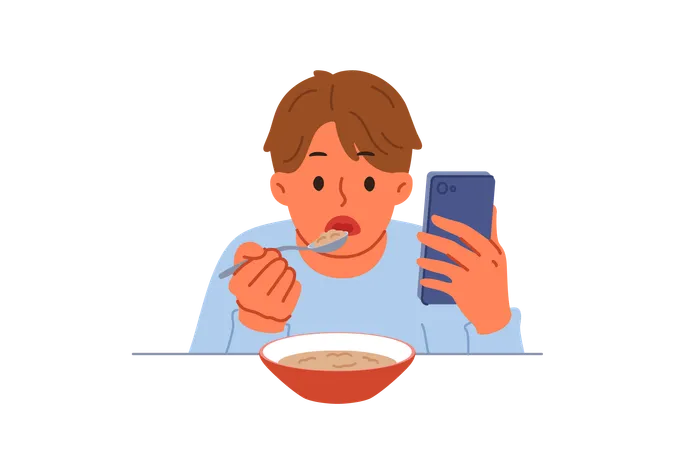 Kid eats lunch while watching mobile  Illustration
