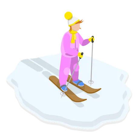3 D Isometric Flat Vector Conceptual Illustration Of Winter Children Activities Skiing Kid In Warm Clothes Illustration